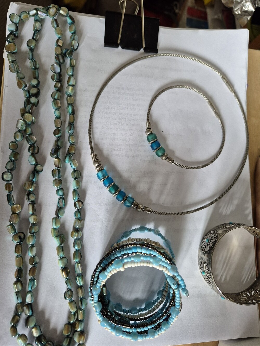 5 Pieces - Blue Stone/Glass - Bracelet Necklace Set, Bangle, Blue Wrap Bracelet